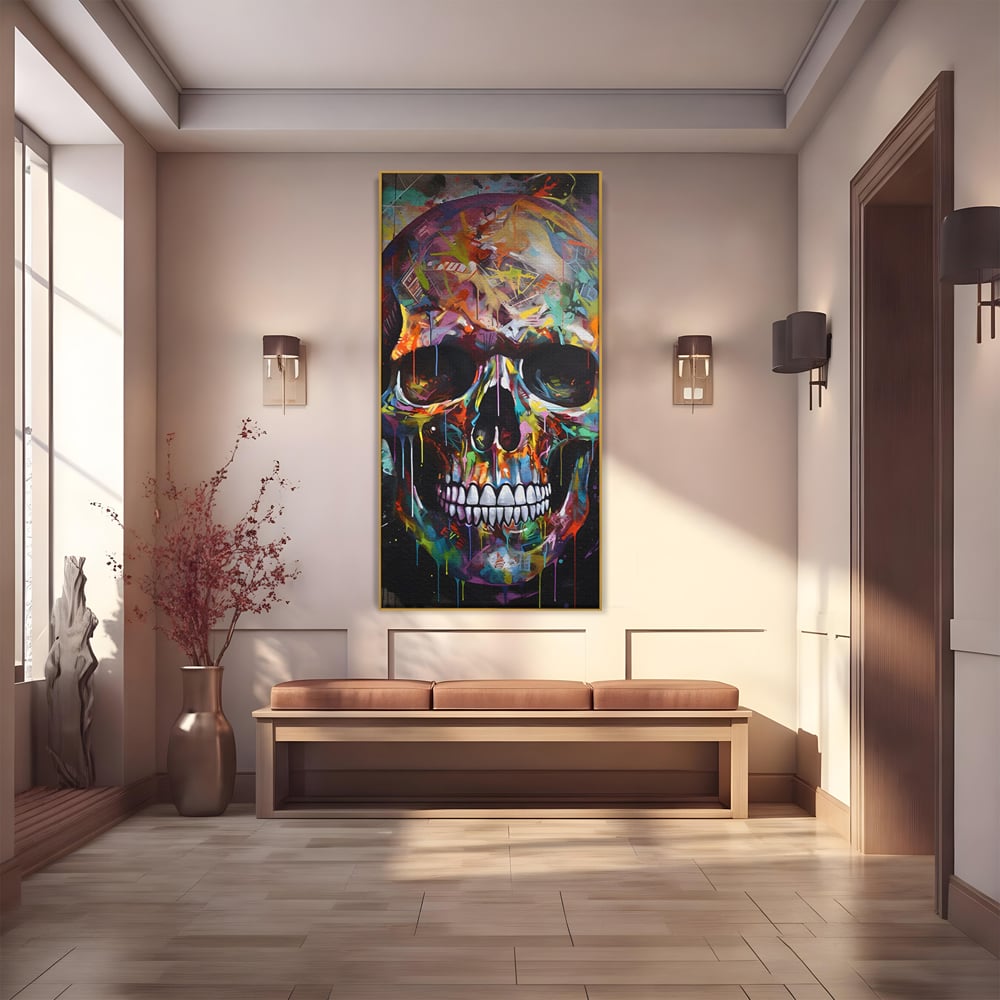Tablou canvas cu tablou canvas cu craniu multicolor, in rama de aluminiu auriu